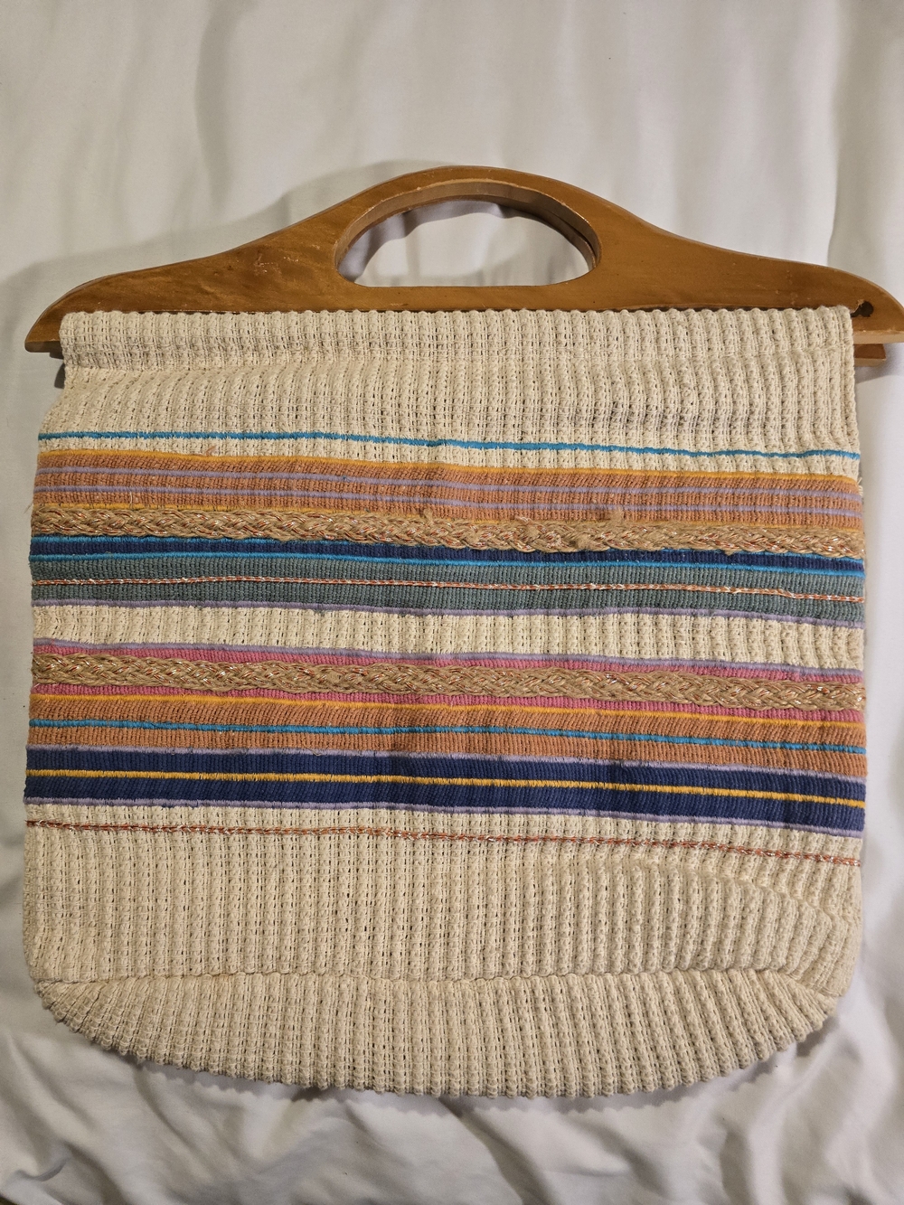 Vintage 70s Handwoven Wood Handle Tote Bag Philippines Boho Striped